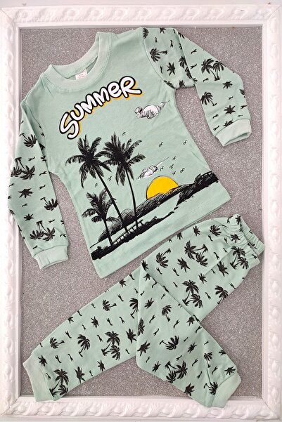 dubi baby Unisex zeleni letnji dečiji pamučni pidžama set sa otisnutim palmov...