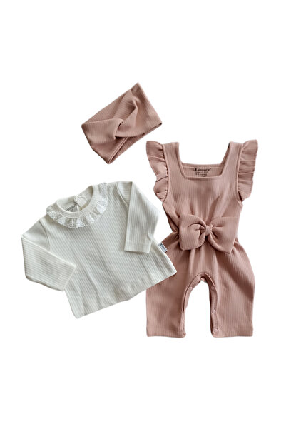 minicayzen Baby Girl Salopet Set-Collar Lace Bodysuit, Ribbed Bottom Snap-On Salopet and Headband Set