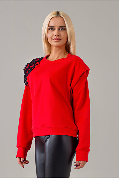 Bold & Young Women's Red Color Padded Guipure Appliqued Knitted Fabric Combed Cotton Sweatshirt