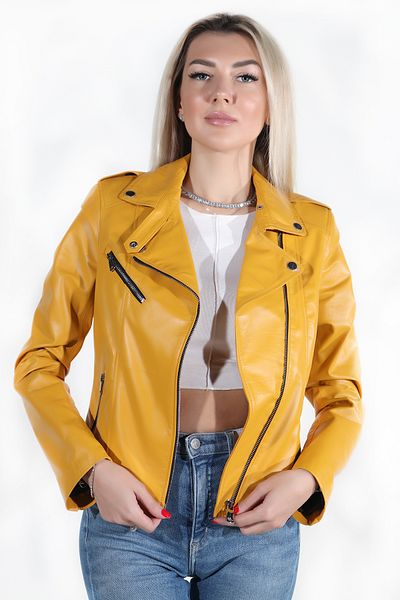 WOOG DERİ Eliza Model Γυναικείο μουσταρδί κίτρινο μπουφάν από γνήσιο δέρμα
