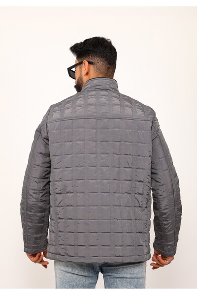 Gambocci Γκρι καρό ανδρικό παλτό με καπιτονέ παλτό κανονικής εφαρμογής