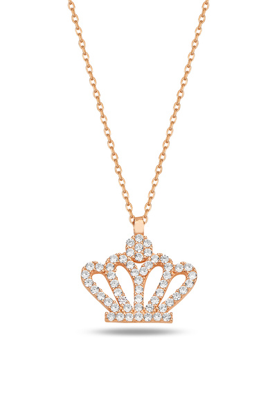 KAR DİAMOND Gümüş Rose Kaplama Beyaz Taşlı Taç Modeli Kolye -sertifikalı