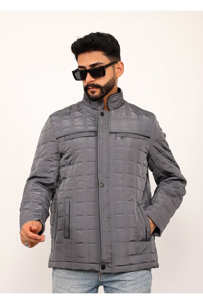 Gambocci Γκρι καρό ανδρικό παλτό με καπιτονέ παλτό κανονικής εφαρμογής