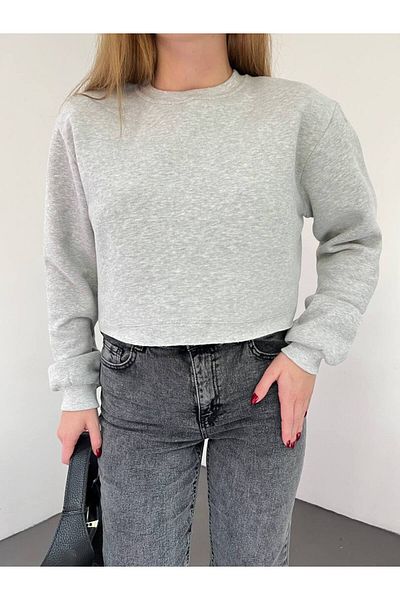 Fav Style Women's Crew Neck Three Thread Raised Oversize Crop Sweatshirt