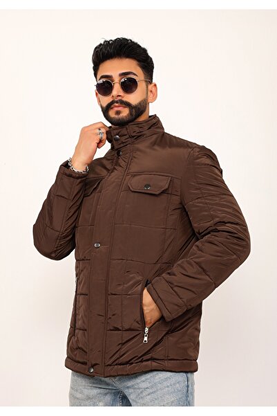 Gambocci Καφέ Μεγάλο Καρό Ανδρικό Παλτό Καπιτονέ Παλτό Regular Fit