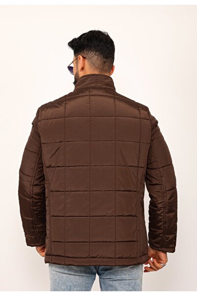 Gambocci Καφέ Μεγάλο Καρό Ανδρικό Παλτό Καπιτονέ Παλτό Regular Fit