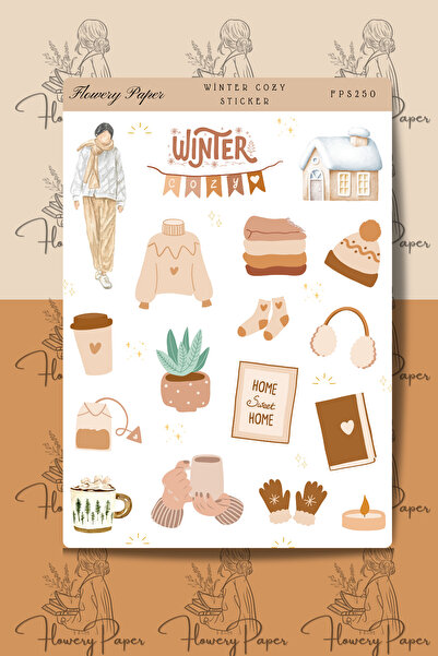 Flowery Paper Winter Cozy Sticker Sayfası- Defter ,Ajanda , Journal,Scrapbook...