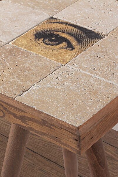 Resmo Traverten Taş Fornasatti Göz Baskılı Ceviz Sehpa 32x32cm Doğal Ağaç Yan Sehpa Dekoratif Mobilya