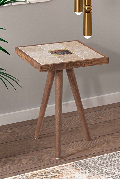 Resmo Traverten Taş Süslü Fil Baskılı Ceviz Sehpa 32x32cm Doğal Ağaç Yan Sehpa Dekoratif Mobilya