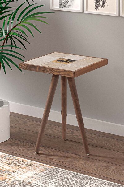 Resmo Traverten Taş Fornasatti Göz Baskılı Ceviz Sehpa 32x32cm Doğal Ağaç Yan Sehpa Dekoratif Mobilya