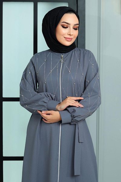 Modamihram Stone Detailed Abaya Anthracite 19161