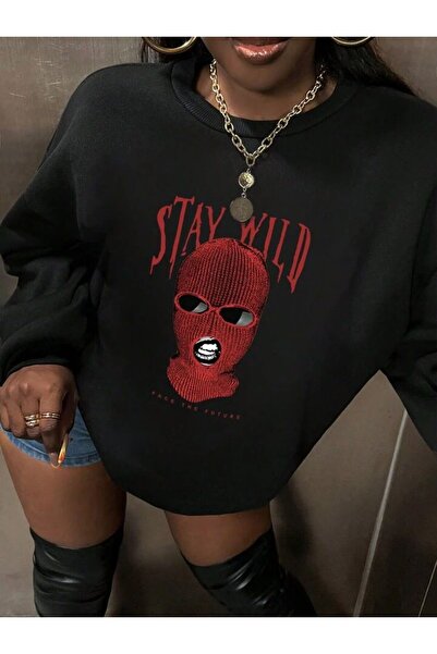 Machetta Φούτερ με κουκούλα Unisex Plus Size Black Stay Wild με στάμπα με λαιμόκοψη