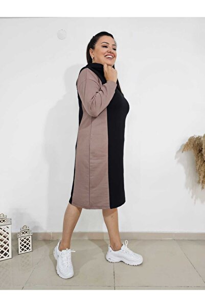 BİrHoşButik PLUS SIZE LYCRA HOODED SPORTS SLEEVE BELTED SEASONAL MIDI LENGTH SOFT ROSE AND BLACK DRESS