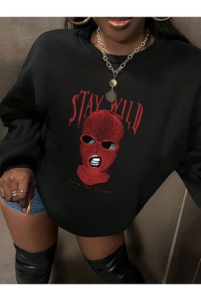 Keywest Φούτερ με κουκούλα Unisex Black Stay Wild με στάμπα με λαιμόκοψη