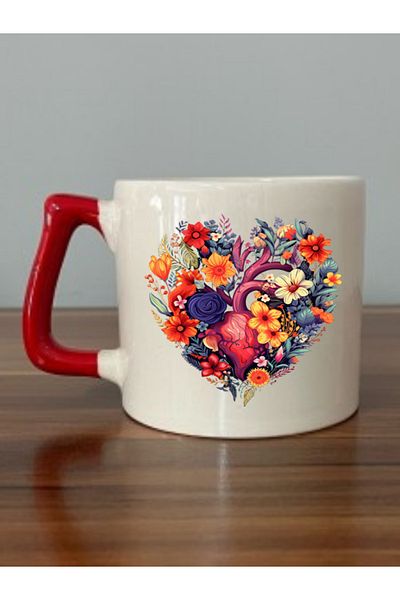 lili hediyelik Heart And Flower Printed Red Handled Mug Cup - Ceramic Tea, Coffee Gift Cup