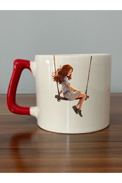 lili hediyelik Girl on the Swing Printed Red Handle Mug Cup - Ceramic Tea, Coffee Gift Cup