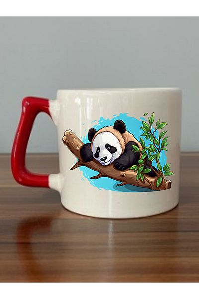 lili hediyelik Panda Printed Red Handle Mug Cup - Ceramic Tea, Coffee Gift Cup Teacher's Day