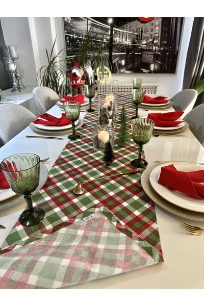 Decamor home New Year Plaid Pattern Red - Green Long Runner New Year Table New Year Runner