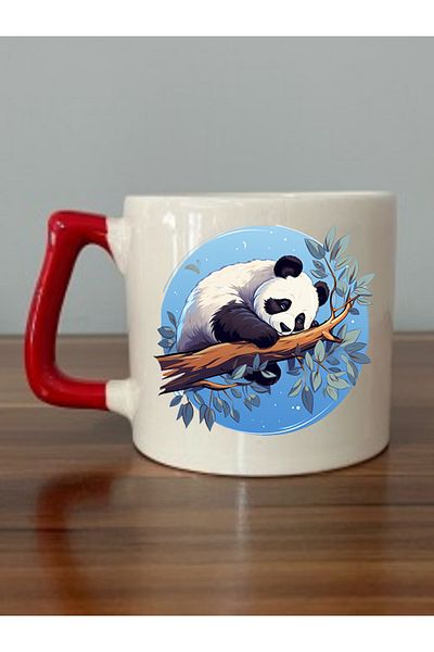 lili hediyelik Panda Red Handled Mug Cup - Ceramic Tea, Coffee Gift Cup