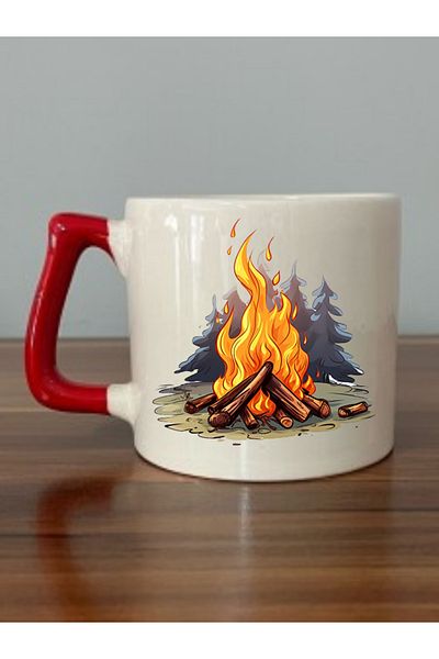 lili hediyelik Campfire Printed Red Handled Mug Cup - Ceramic Tea, Coffee Gift Cup