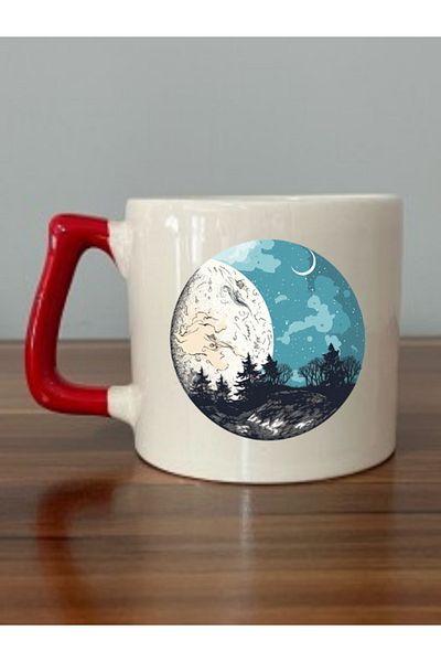 lili hediyelik Moon And Earth Printed Red Handled Mug - Ceramic Tea, Coffee Gift Cup