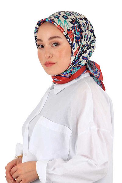 Bursa İpek Red Flower Pot Tile Tulip Pattern Silk Scarf