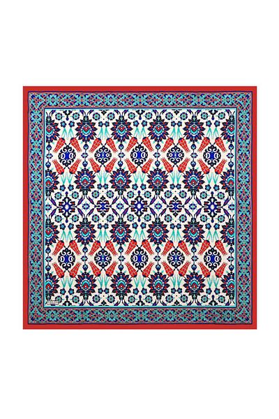 Bursa İpek Red Flower Pot Tile Tulip Pattern Silk Scarf