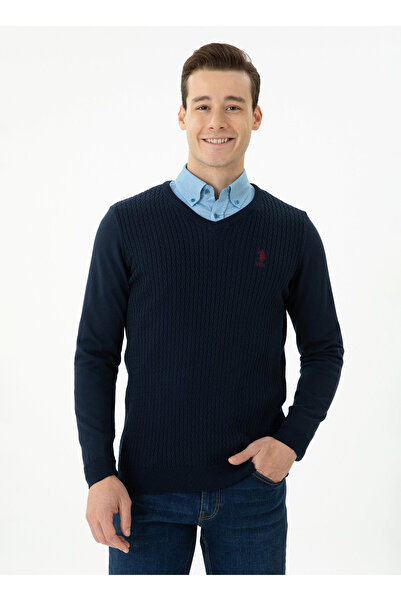 U.S. Polo Assn. U.S. Polo Assn. Синій Slim Fit V-подібний комір Чоловічий светр - GROV-GLBSK23