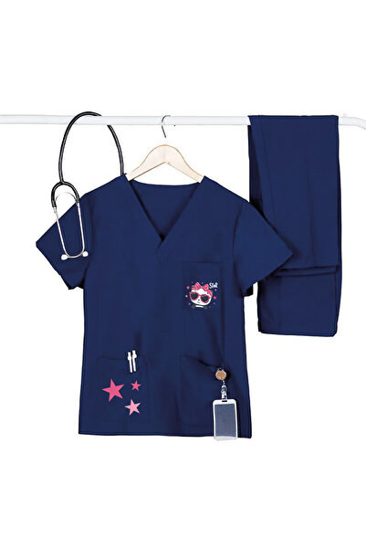 YnkStore زي موحد للممرضات والأطباء باللون الأزرق الداكن مطبوع حسب الطلب من قماش الليكرا