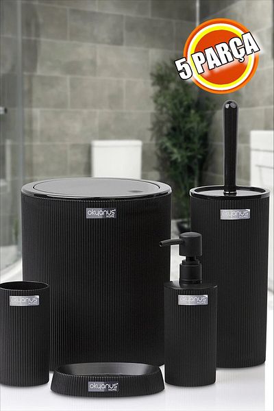 Şahane Pazar Mina Vertical Striped Round 5-Piece Bathroom Set Black Coating FMA604304