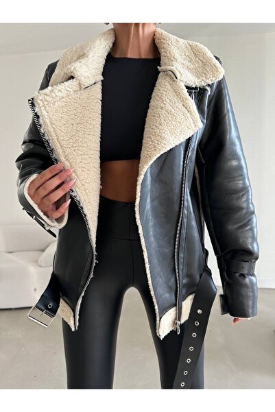 Ekim Store معطف راكب الدراجة النارية من الجلد بحزام