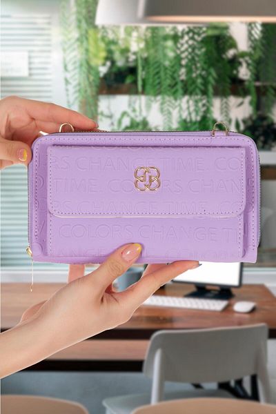 Adelina Bags Geantă portofel de damă, cu model scris, cu compartiment pentru telefon și curea reglabilă