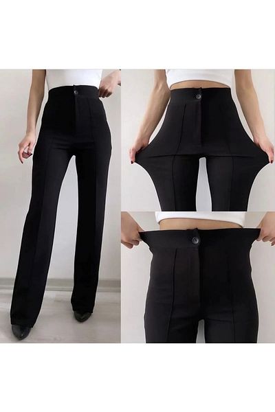 NFTY Women's Black Crepe Fabric Lycra Front Chest Flared Leg Palazzo Trousers