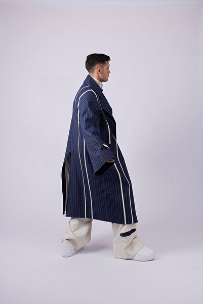 LoFiBuy Unisex Skunk Şerit Detaylı Çizgili Kruvaze Yaka Uzun Palto - Skunk