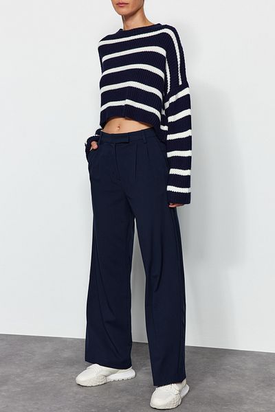 Edit by Trendyol Navy Blue Pleated Palazzo Woven Trousers TWOAW24PL00383