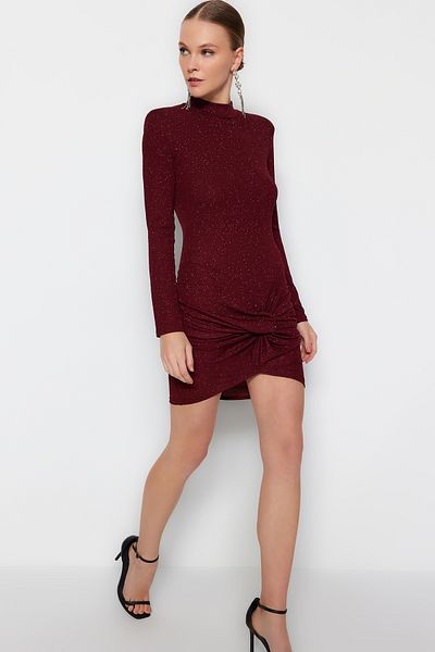 Trendyol Collection Rochie de Seara Tricotata Bordeaux - Sclipitoare Scurta Eleganta TPRAW24EL00006