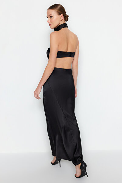 Trendyol Collection Saténová tkaná černá dlouhá sukně - TPRAW24ET00040