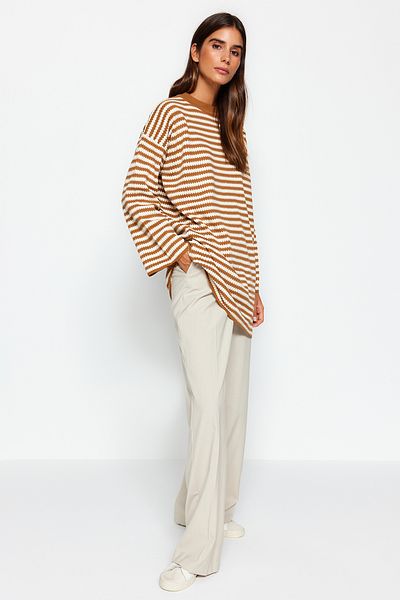 Trendyol Modest Camel Striped Knitwear Sweater TCTAW24AK00043