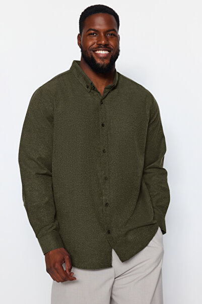 Trendyol Collection Πράσινο φανελένιο πουκάμισο μεγάλου μεγέθους - γιακά με κουμπί, κανονική εφαρμογή TMNAW24AX00000