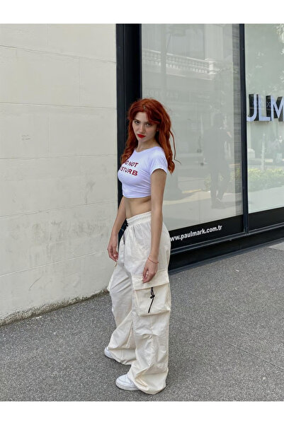 Toum Krem Tactical Paraşüt Kumaş Kargo Cepli Oversize Unisex Pantolon