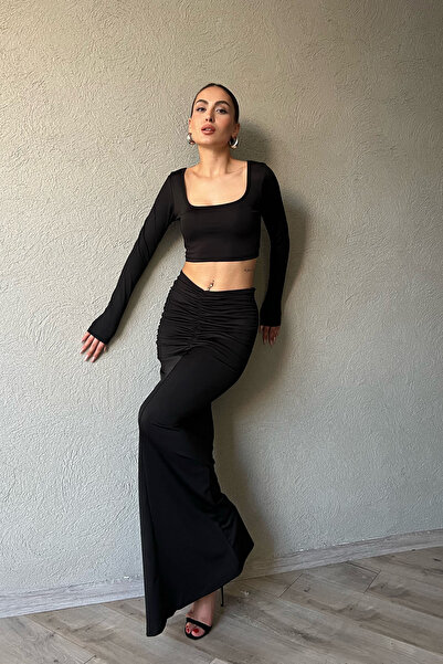 Seda Yalçın Atelier Black Long Sleeve Square Collar Crop and Gathered Skirt Set