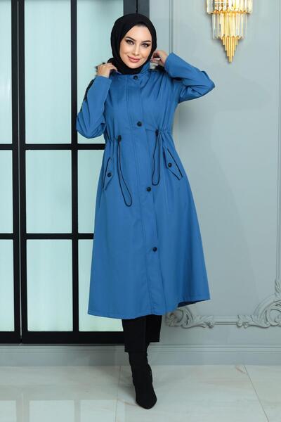 Modamihram Palton Garni Detaliat Albastru MİH10386