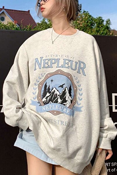 Machetta Γκρι Nepleur Printed Unisex Oversize Φούτερ - Crew Neck Hoodie