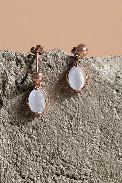 Takıdepo Sedef Taşlı Minimal Gümüş Kadın Küpe-Rose Rengi