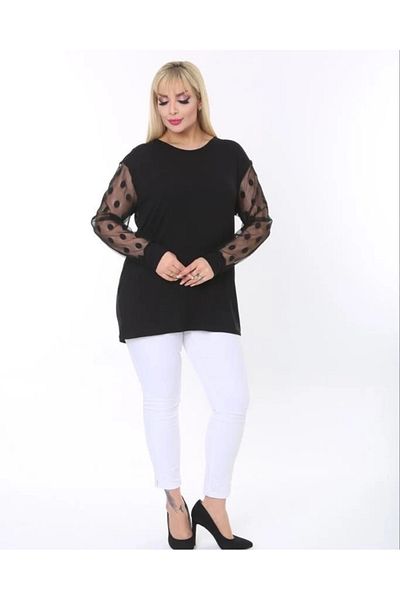 Butik Ayseba Women's Tulle Detailed Polka Dot Jewelled Plus Size Stylish Blouse