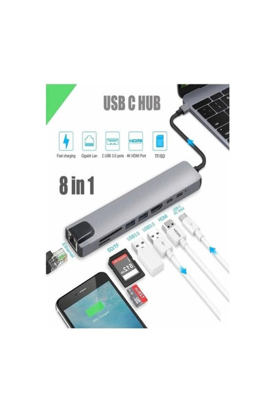 UPEKA Pro Air USB Type-C Hub Dönüştürücü Çevirici Çoklayıcı USB Hdmı Micro Sd 8 Girişli 8In1 Uyumlu