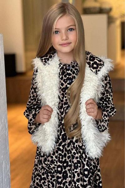 Riccotarz Girl's Leopard Patterned Plush Vest, Baby Collar Brown Dress