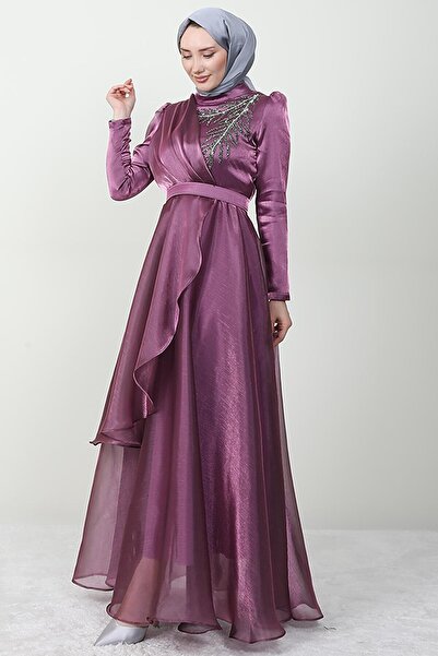 Giza Giyim Stoned Organza Evening Dress Lilac