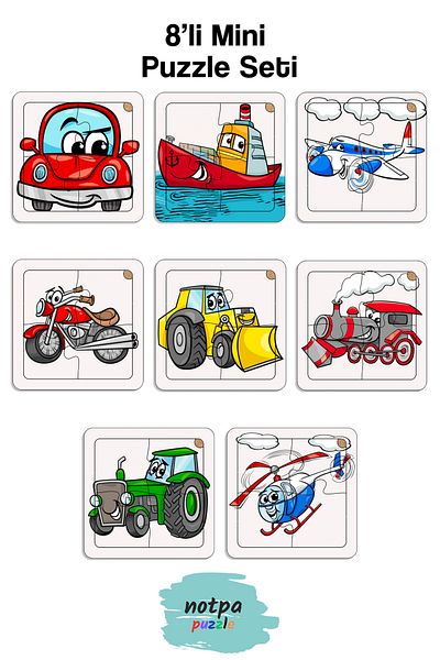 kutuTR Notpa Kids Educational and Educational Wooden 8 Pieces 4 Pieces Vehicles Mini Puzzle Set Set of 8 1