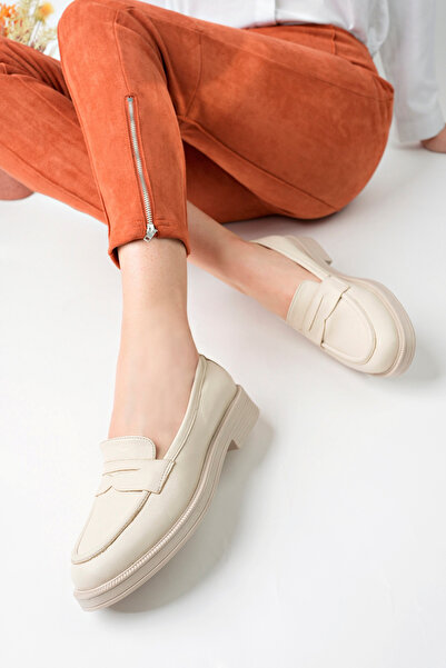 GNS Shoes Deri Krem Kadın Ayakkabısı Loafer